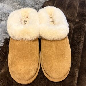 UGG Tan Slippers with Plush Cream Lining